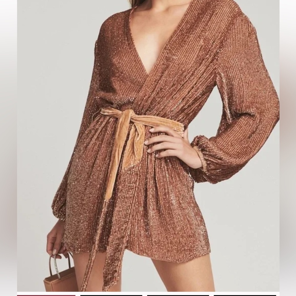 Retrofete Bronze Metallic Wrap Mini Dress with Velvet Tie